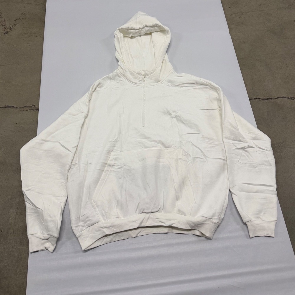 White Quarter Zip Hoodie Oversized Cotton Blend Fleece Sweatshirt size L